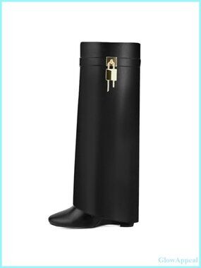 Fold Over Knee High Wedge Boots PU Faux Leather Side Zip Women's